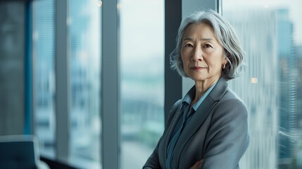 Fototapeta premium Happy elderly Asian woman standing outdoors, smiling cheerfully, healthy senior enjoying life,