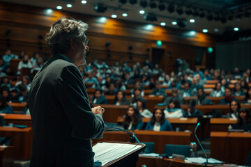 Fototapeta premium The speaker speaks to people in a large audience