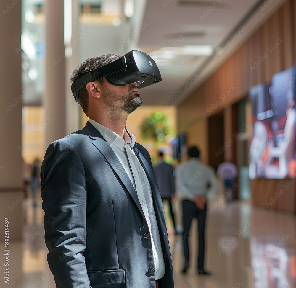 Aufkleber man using vr headset, business technology in virtual reality, digital device for tech innovation.