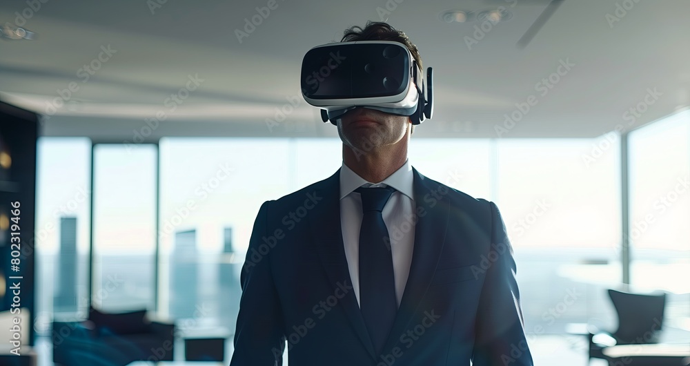 Aufkleber man in business using vr headset, technology for virtual reality innovation and entertainment.