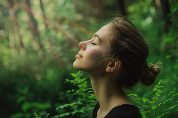 A woman breathes in fresh air with her eyes closed and looks up at the green trees behind her, enjoying nature's tranquility and feeling of well-being