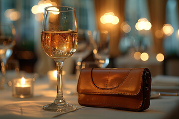 A chic clutch purse rests beside a glass of wine on a candlelit dinner table, adding a touch of sophistication to the ambiance.