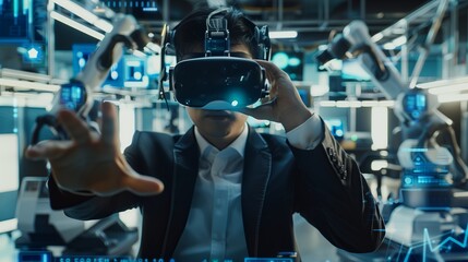 Modern business people using VR technology, virtual reality innovation with men and woman.