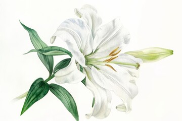 A watercolor painting of a single, clean white lily, simple and serene, isolated on white background