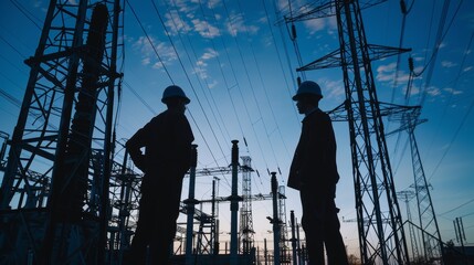 Silhouettes of two engineers standing at a power station, discussing plans, industrial, pollution, factory, environment, smoke, sky, ecology, plant, steam