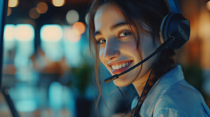 Call center, young woman and smile in contact us with CRM, headset with mic, Happy female and telemarketing with sales and help desk,  Customer service consultant.
