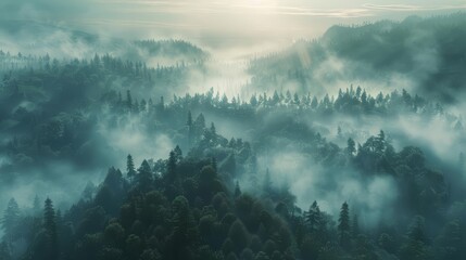 Naklejka premium An aerial view captures the sprawling beauty of a misty mountain landscape at twilight