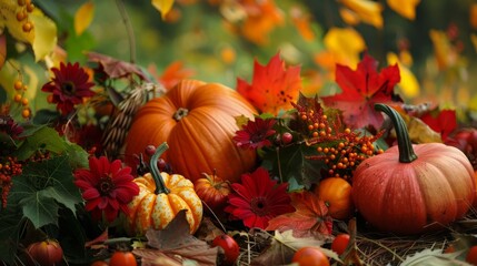 Autumn still life with pumpkins, leaves, berries and flowers