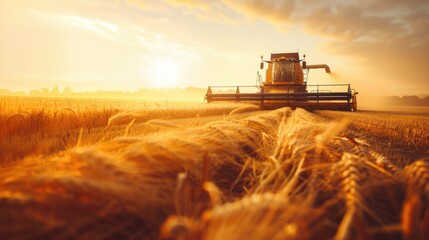 Fototapeta premium Golden Harvest Dance: Combine Cutting Through Ripe Grain Fields