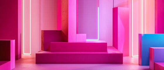 Content marketing examples spread across a pink plinth, each piece highlighted under neon lights to demonstrate effective storytelling and engagement, product display background