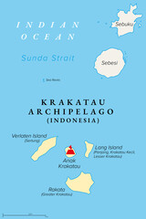Krakatau Archipelago, Indonesia, political map. Four uninhabeted, small volcanic islands, formed by the Krakatau stratovolcano, located in the Sunda Strait, between the the islands Java and Sumatra.