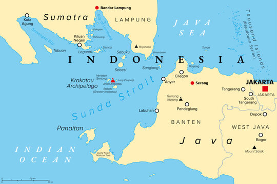 Sunda Strait, Indonesia, political map. Strait between the Indonesian islands Java and Sumatra, connecting Java Sea with the Indian Ocean. With Krakatau Archipelago and active volcano Anak Krakatau.