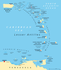 Eastern Caribbean islands, political map. Puerto Rico, Virgin Islands, Leeward and Windward Islands, and part of the Leeward Antilles north the coast of Venezuela, all located in the Caribbean Sea.