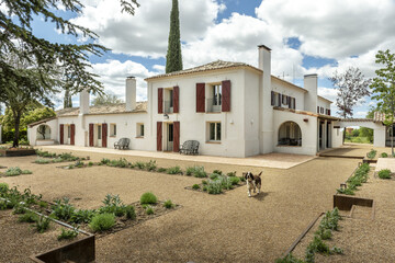 Facade of a white country house with red wooden shutters on the balconies and newly planted gardens...