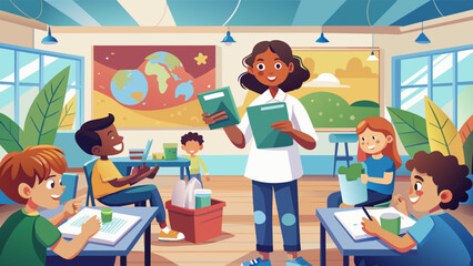 Joyful Teacher Engaging Young Students in a Colorful Classroom Environment Plastic Bag Free Day