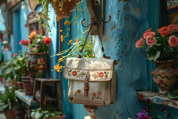 A dainty crossbody bag adorned with delicate embroidery, hanging from a hook by a flower vase. - obrazy, fototapety, plakaty