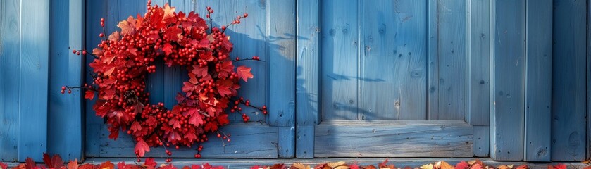 Vibrant autumn wreath on a clear wooden door ideal for welcoming and seasonal wallpapers
