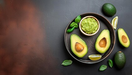 Avocado, healthy wellness breakfast on dark background with copy space top view. Food menu or restaurant banner concept