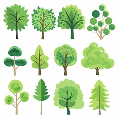 Fototapeta premium A set of green trees in a flat style design vector illustration on a white background