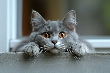 Cute blue tabby cat looking at camera with big eyes