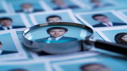 Close-Up View Of A Young Man Highlighted Under A Magnifying Glass Among Many Candidate Photos