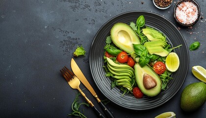 Avocado and greens salad, healthy wellness breakfast on dark background with copy space top view. Food menu or restaurant banner concept
