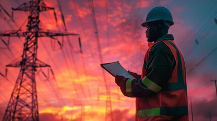 Engineer Inspecting Power Lines at Sunset