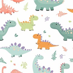 Seamless pattern with cute dinosaurs in soft colors