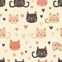 Seamless pattern with cute cats and hearts in soft colors