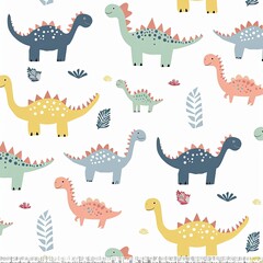 Seamless pattern with cute dinosaurs in soft colors