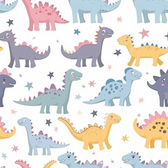 Seamless pattern with cute dinosaurs in soft colors
