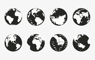Set of black and white vector globe icons