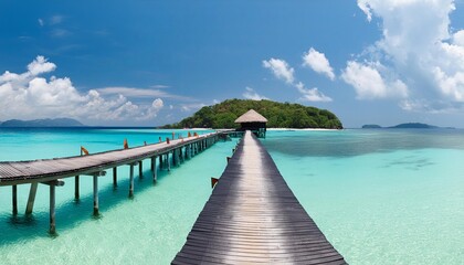 Beautiful blue sea and sky with pier in island, panoramic view of tropical beach resort graphic background for website