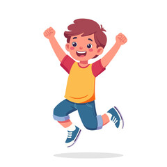 Joyful child leaping in the air, capturing the essence of happiness and freedom in a playful jump. Kids vector cartoon illustration. Child, schoolboy, little boy isolated on white background.