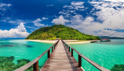 Fototapeta premium Beautiful blue sea and sky with pier in island, panoramic view of tropical beach resort graphic background for website