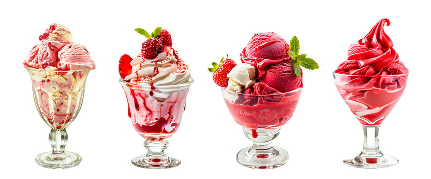 Set of isolated sundaes ice cream frozen with fruit on white