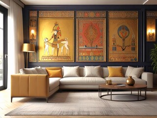 Beautiful living room / drawing room lavishly decorated with tasteful Egyptian art and decor.