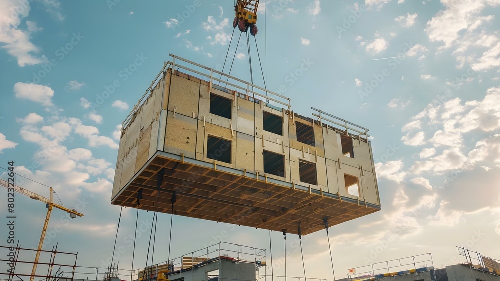 Poster assembly of wooden modular building components using a crane in a construction site in berlin. conce