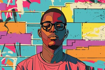 African american man with glasses on graffiti background,  Vector illustration