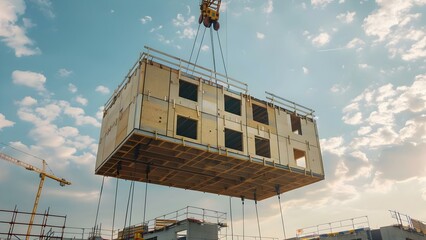 Assembly of wooden modular building components using a crane in a construction site in Berlin. Concept Construction Site, Wooden Modular Building, Crane Assembly, Berlin, Building Components