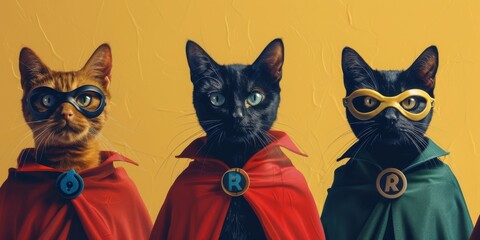 Fototapeta premium Three Red cats superheroes in a mask and cape. Cat in a mask on a yellow background