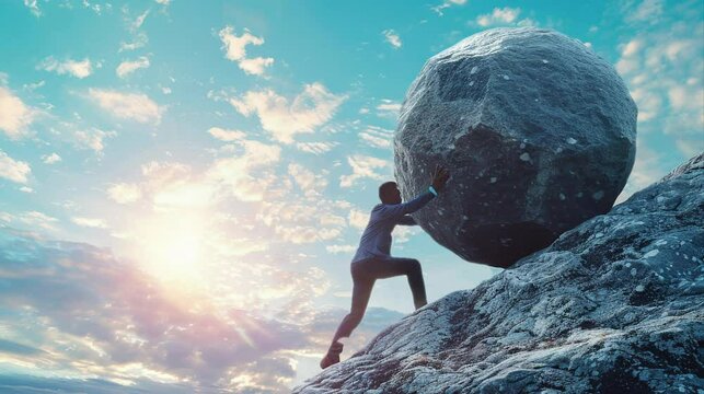 A man in a suit strains against a huge rock on a mountain slope