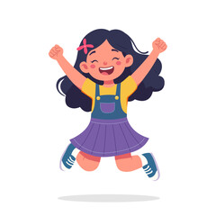Vector of a joyful girl with long hair in a purple skirt and sneakers, embodying youthful energy and fun. Kids vector cartoon illustration. Child, schoolgirl, little girl isolated on white background.