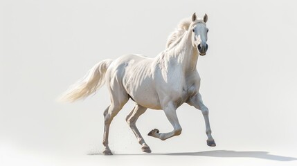 White horse running forward on a white background