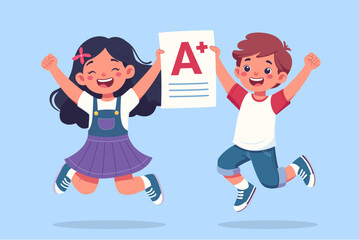 Exuberant schoolchildren leap with joy, clutching a top-graded test. A perfect capture of academic triumph and youthful spirit. Vector kids illustration. Back to school theme.