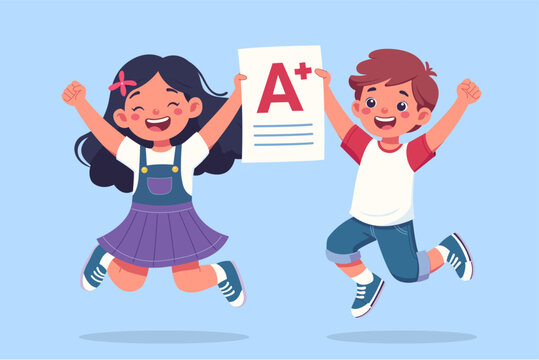 Exuberant schoolchildren leap with joy, clutching a top-graded test. A perfect capture of academic triumph and youthful spirit. Vector kids illustration. Back to school theme.