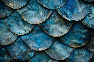 blue fish scales with a metallic sheen and intricate  - obrazy, fototapety, plakaty