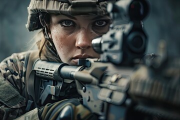 Obraz premium Sentinel of Strength: A Woman Warrior Wielding Rifle