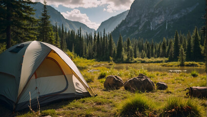 Camping tent pitched against a backdrop of scenic wilderness.