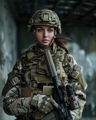 Naklejka premium Sentinel of Strength: A Woman Warrior Wielding Rifle